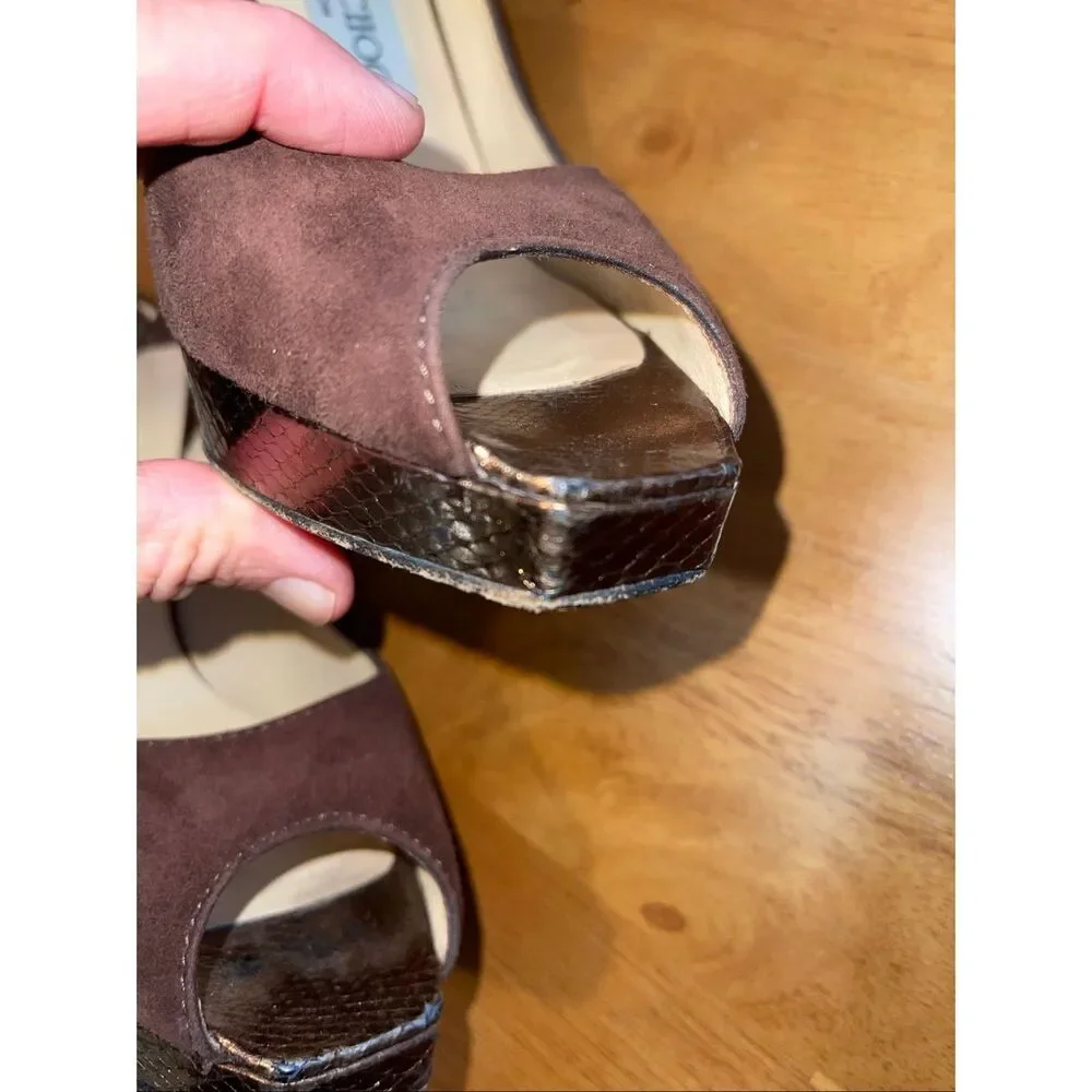 Jimmy‎ Choo Suede Open Toe Pumps Slingback Heels Brown 37.5-7